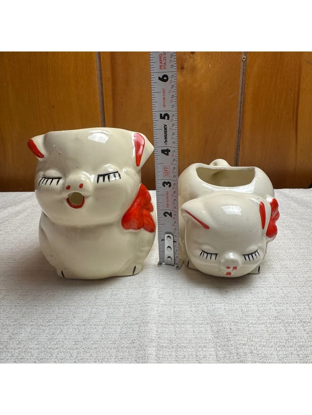 Vintage Ceramic Pig Creamer & Sugar Bowl Set Red Bow Retro Farmhouse Kitchen
